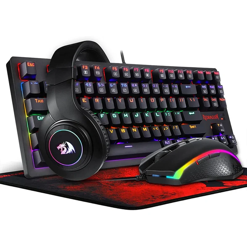 Redragon S113P-KN Keyboard/Mouse/Mousepad/Headset 4-In-1 Set Gaming Essentials (Black)