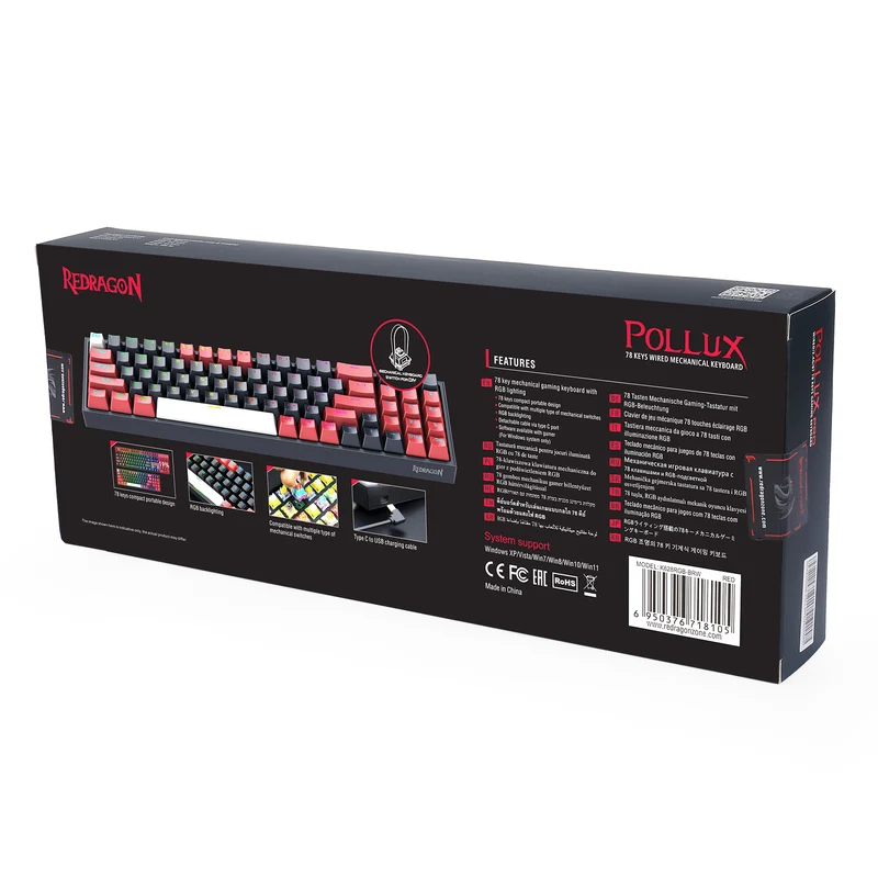 Redragon Pollux 78-Keys Wired Mechanical Gaming Keyboard (Dust-Proof Red Switch) (Black-Red-White) (K628RGB-BRW)