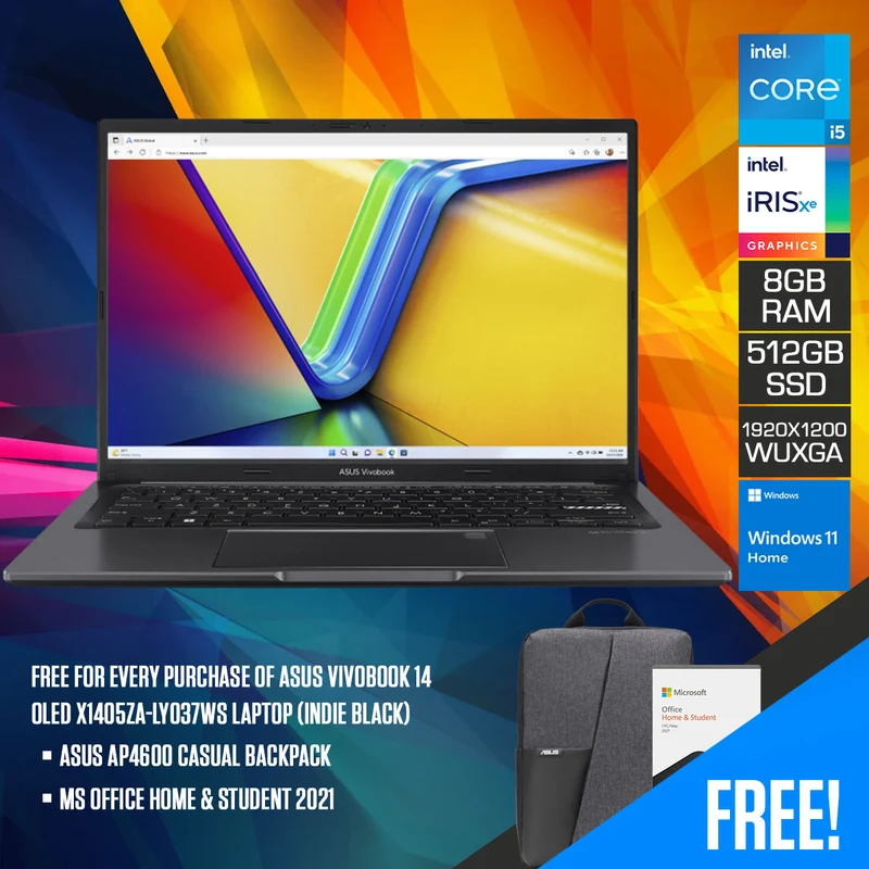 Asus Vivobook 14 X1405ZA-LY037WS Laptop (Indie Black) | 14” WUXGA (1920x1200) | i5 1235U | 8GB RAM | 512GB SSD | Intel Iris Xe Graphics | MS Office Home & Student 2021 | Asus AP4600 Casual Backpack