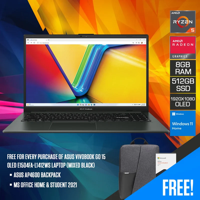 Asus Vivobook Go 15 OLED E1504FA-L1412WS Laptop (Mixed Black) | 15.6” FHD (1920x1080) | Ryzen 5 7520U | 8GB RAM | 512GB SSD | AMD Radeon Graphics | MS Office Home & Student 2021 | Asus AP4600 Backpack