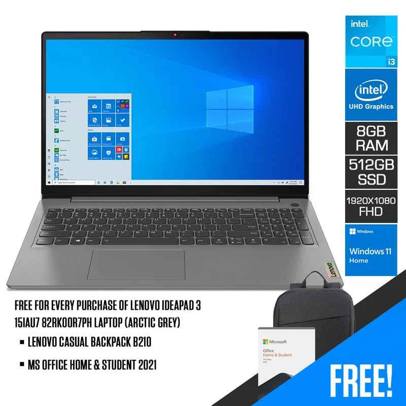 Lenovo Ideapad 3 15IAU7 82RK00R7PH Laptop (Arctic Grey) | 15.6” FHD | i3-1215U | 8 GB RAM | 512 GB SSD | Intel UHD Graphics | Windows 11 Home | MS Office Home & Student 2021 | Lenovo Casual Backpack B210