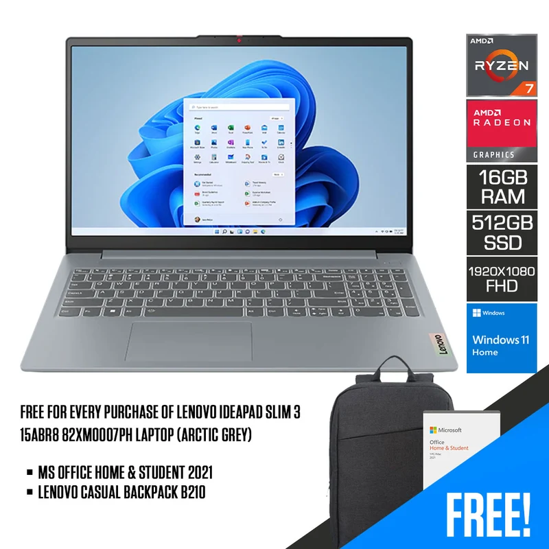 Lenovo Ideapad Slim 3 15ABR8 82XM0007PH Laptop (Arctic Grey) | 15.6" FHD (1920x1080) | Ryzen 7 7730U | 16GB DDR4 | 512GB SSD | AMD Radeon Graphics | Windows 11 Home | MS Office Home & Student 2021 | Lenovo Casual Backpack B210