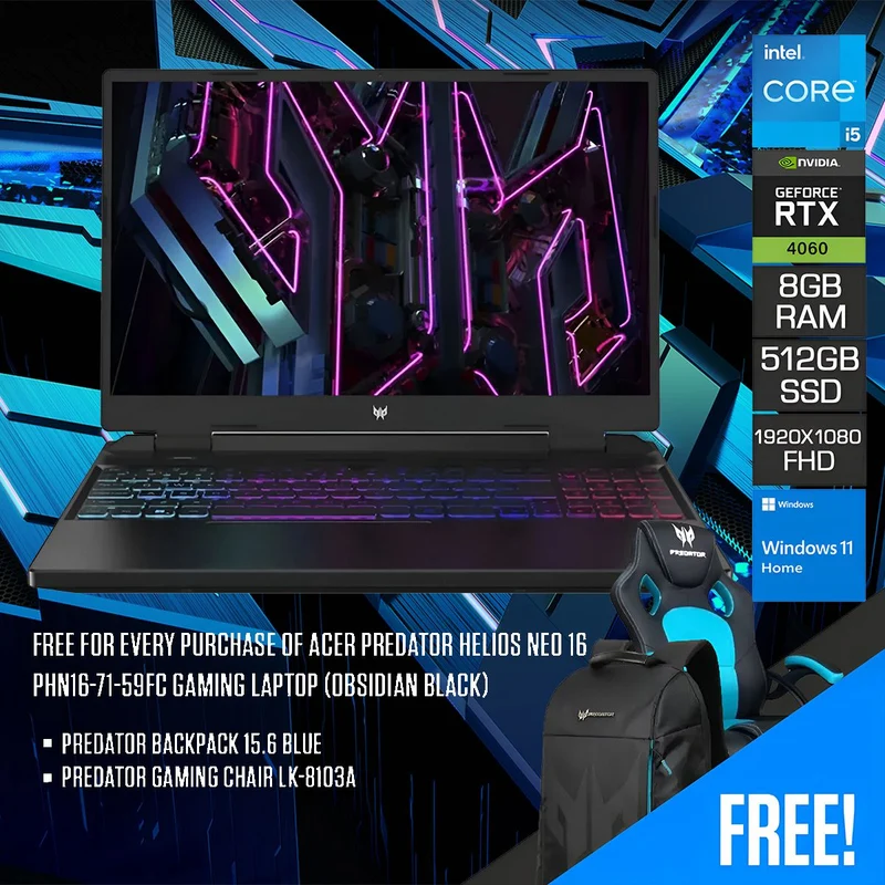 Acer Predator Helios Neo 16 PHN16-71-59FC Gaming Laptop (Obsidian Black) | 16” FHD (1920 x1080) 165Hz | i5-13500HX | 8GB RAM | 512GB SSD | RTX 4060 | Windows 11 Home | Predator Backpack | Predator Gaming Chair LK-8103A