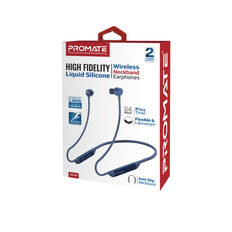 Promate Civil High-Fidelity Liquid Silicone Wireless Neckband Earphones (Blue)