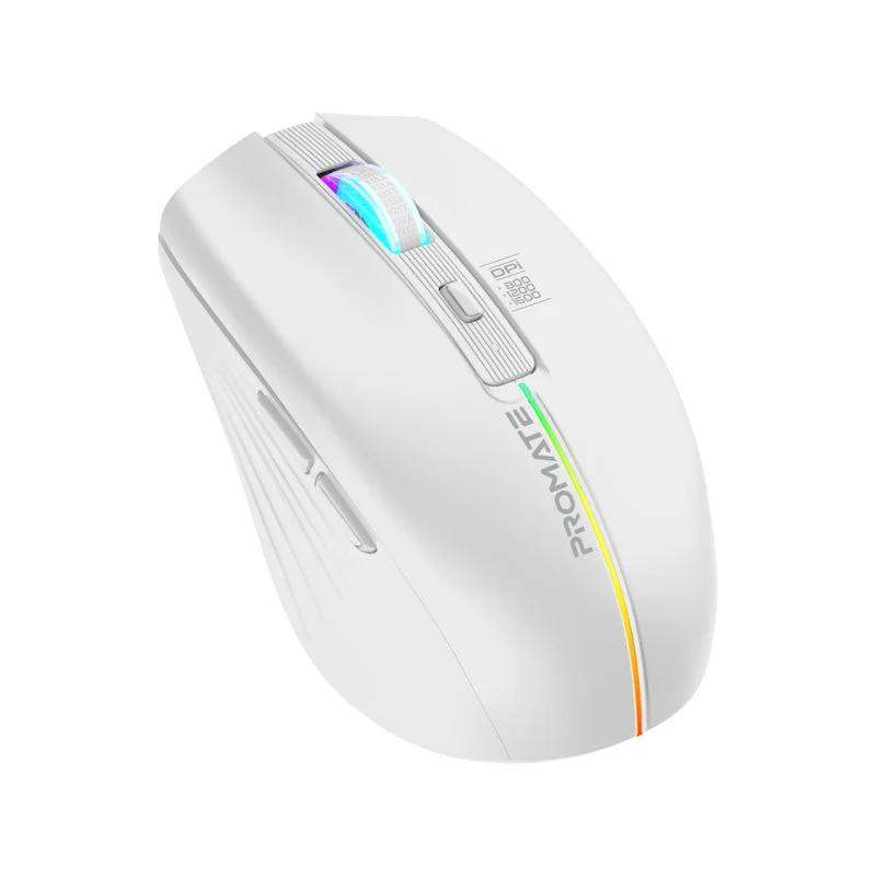 Promate Kitt 2.4Ghz Wireless Ergonomic Optical Mouse With LED Rainbow Lights (White)