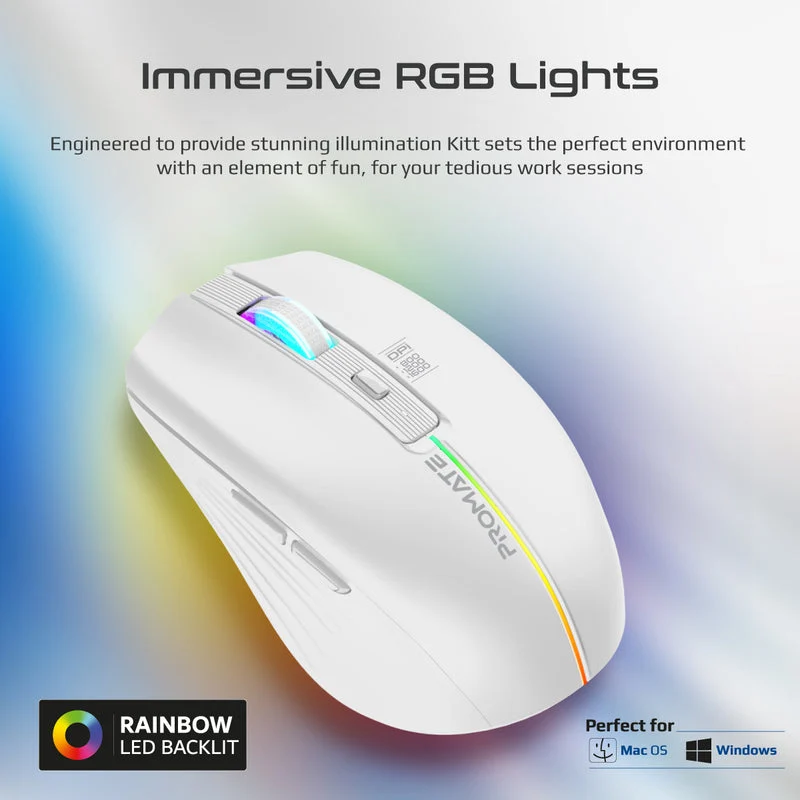 Promate Kitt 2.4Ghz Wireless Ergonomic Optical Mouse With LED Rainbow Lights (White)