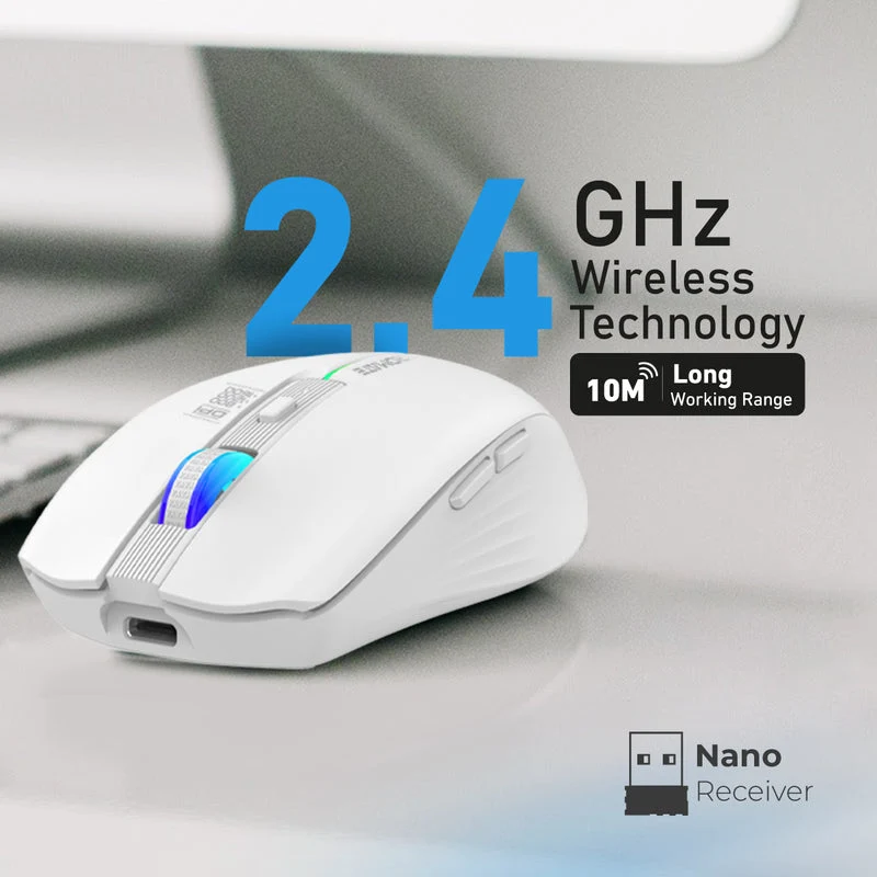 Promate Kitt 2.4Ghz Wireless Ergonomic Optical Mouse With LED Rainbow Lights (White)