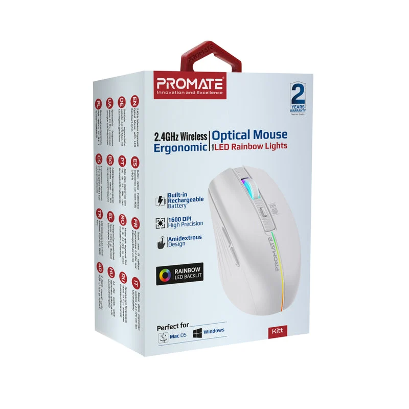 Promate Kitt 2.4Ghz Wireless Ergonomic Optical Mouse With LED Rainbow Lights (White)