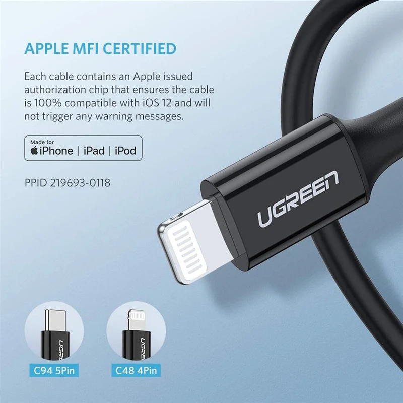 UGreen Lightning To Type-c 2.0 Male Cable - (Black) (1m, 2m)