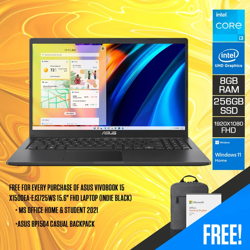 Asus Vivobook 15 X1500EA-EJ3725WS Laptop (Indie Black) | 15.6" FHD (1920 x 1080) | i3-1115G4 | 8GB RAM | 256GB SSD | Intel UHD Graphics | Windows 11 Home | MS Office Home & Student 2021 | Asus BP1504 Casual Backpack