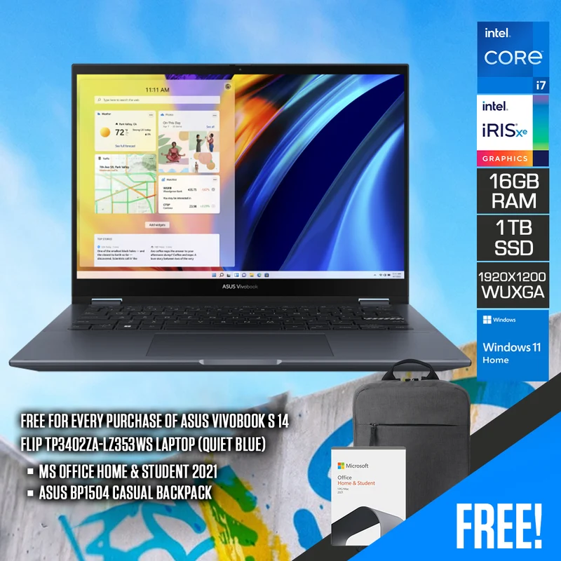 Asus Vivobook S 14 Flip TP3402ZA-LZ353WS Laptop (Quiet Blue) | 14" (1920x1200) | i7-12700H | 16GB RAM | 1TB SSD | Intel Iris Xe Graphics | Windows 11 Home | MS Office Home & Student 2021 | Asus BP1504 Casual Backpack