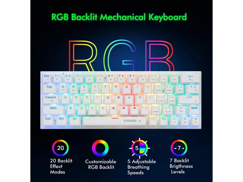 E-Yooso Z-11 Tri-Mode RGB 63 Keys Hot Swappable Mechanical Keyboard White (Brown Switch)