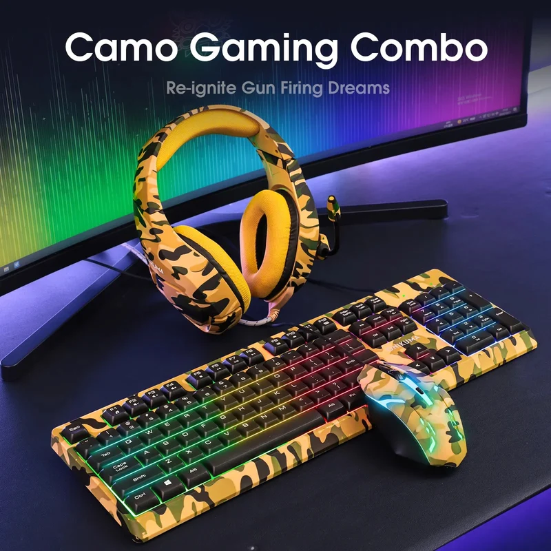 Onikuma TZ3001 3-in-1 RGB Wired Keyboard/ Mouse/ Headset Gaming Combo (Camo Yellow)