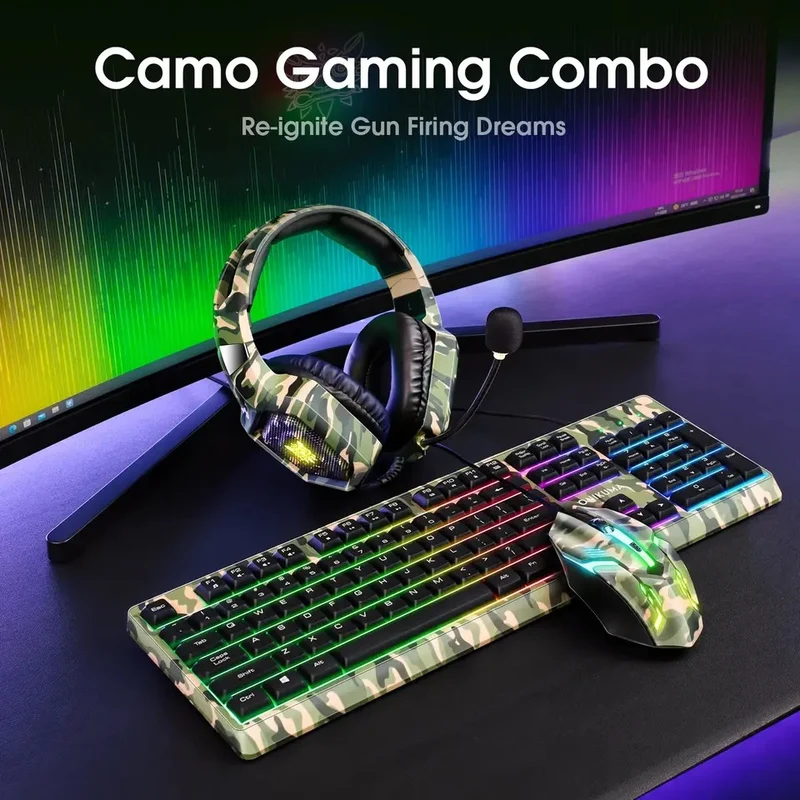 Onikuma TZ3005 3-in-1 RGB Wired Keyboard/ Mouse/ Headset Gaming Combo (Camo White)