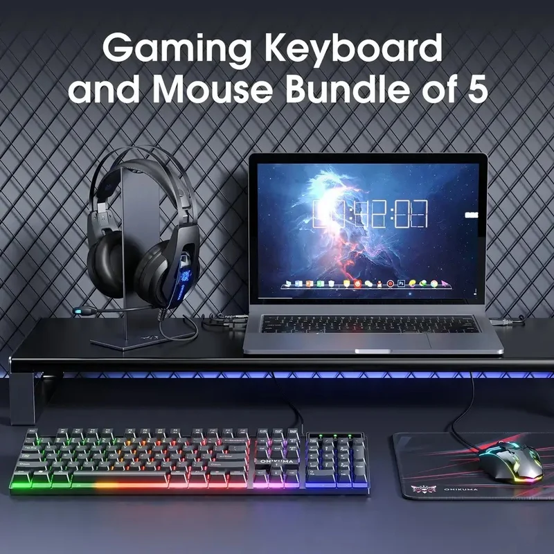 Onikuma TZ5005 5-in-1 RGB Wired Keyboard/ Mouse/ Mouse Pad/ Headset/ Headset Stand Gaming Combo (Black)