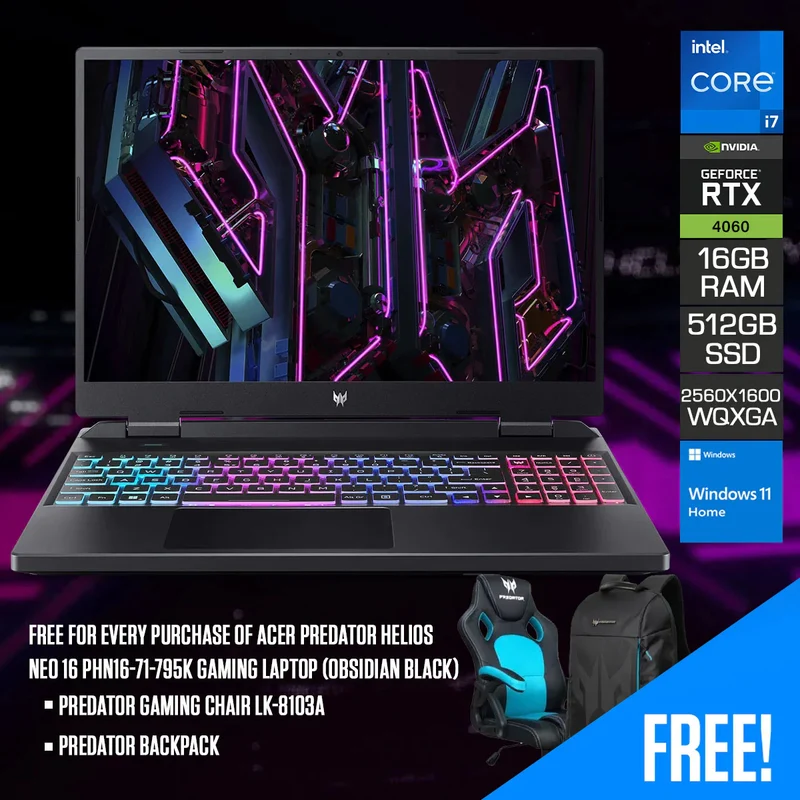 Acer Predator Helios Neo 16 PHN16-71-795K Gaming Laptop (Obsidian Black) | 16” WQXGA (2560 x 1600) 165Hz | i7 13700HX | 16GB RAM | 512GB SSD | RTX 4060 | Windows 11 Home | Predator Backpack | Predator Gaming Chair LK-8103A