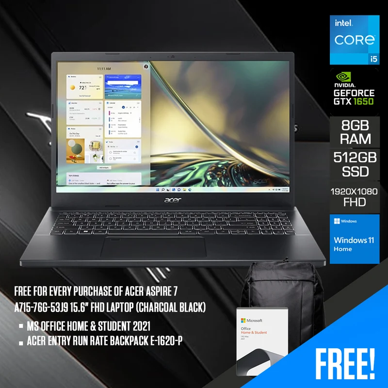 Acer Aspire 7 A715-76G-53J9 Laptop (Charcoal Black) | 15.6" FHD 1920 x 1080 | i5-12450H | 8GB RAM | 512 SSD | GTX 1650 | Windows 11 Home | MS Office Home & Student 2021 | Acer Entry Run Rate Backpack E-1620-P
