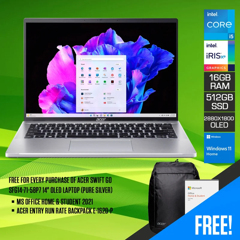 Acer Swift Go SFG14-71-58P7 14" Oled Laptop (Pure Silver) | 14" Oled 2880 x 1800 | i5-13500H | 16GB RAM | 512GB SSD | Intel Iris Xe Graphics | Windows 11 Home | MS Office Home & Student 2021 | Acer Entry Run Rate Backpack E-1620-P