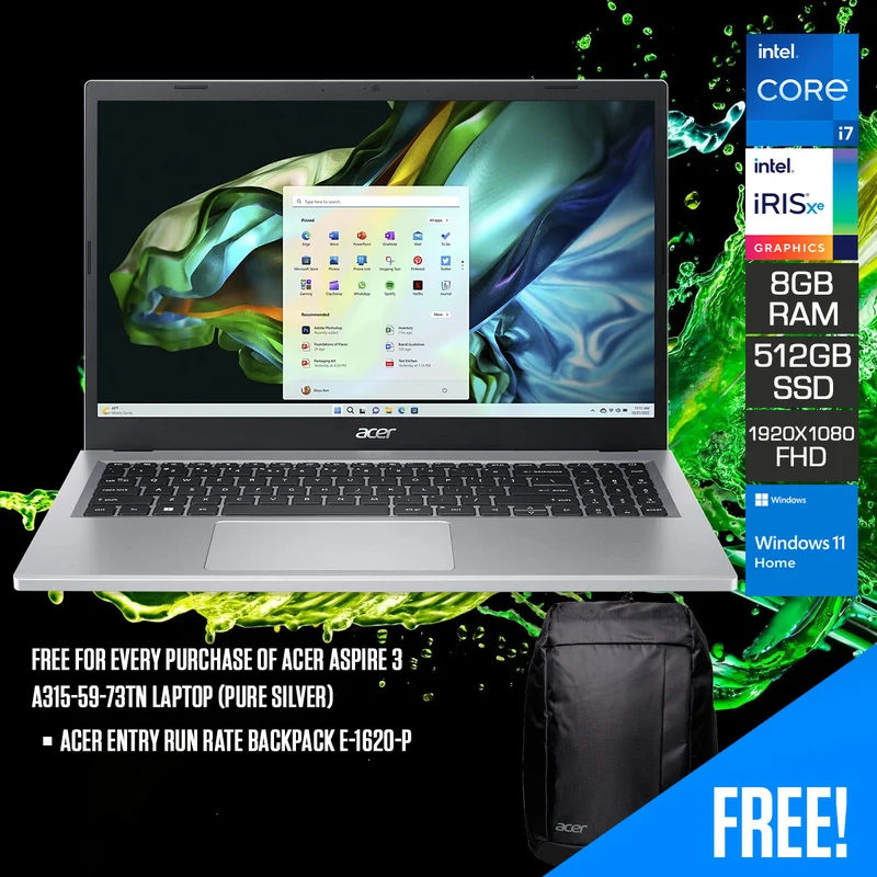 Acer Aspire 3 A315-59-73TN Laptop (Pure Silver) | 15.6” FHD (1920 x 1080) | i7 1255U | 8GB RAM | 512GB SSD | Intel Iris Xe Graphics | Windows 11 Home | Acer Entry Run Rate Backpack E-1620-P