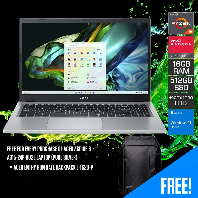 Acer Aspire 3 A315-24P-R02L Laptop (Pure Silver) | 15.6” FHD (1920x1080) | Ryzen 5 7520U | 16GB RAM | 512GB SSD | AMD Radeon Graphics | Windows 11 Home | Acer Entry Run Rate Backpack E-1620-P