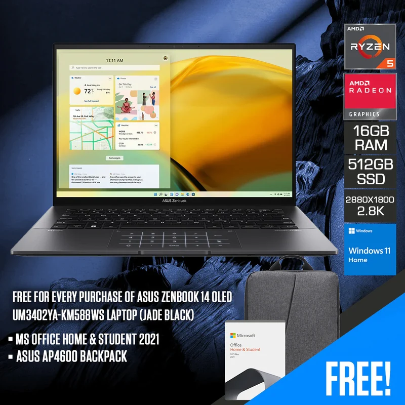 Asus Zenbook 14 OLED UM3402YA-KM588WS Laptop (Jade Black) | 14" OLED 2.8K (2880x1800) | Ryzen 5 7530U | 16GB RAM | 512GB SSD | AMD Radeon Graphics | Windows 11 Home | MS Office Home & Student 2021 | ASUS AP4600 Backpack
