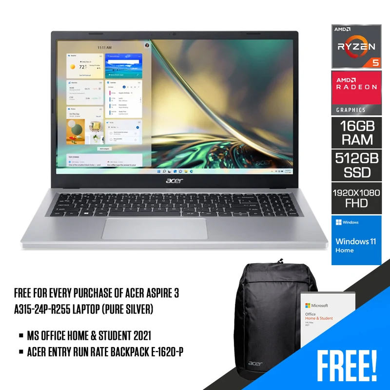 Acer Aspire 3 A315-24P-R255 Laptop (Pure Silver) | 15.6" FHD (1920x1080) | Ryzen 5 7520U | 16GB DDR5 | 512GB SSD | AMD Radeon Graphics | Windows 11 Home | MS Office Home & Student 2021 | Acer Entry Run Rate Backpack E-1620-P