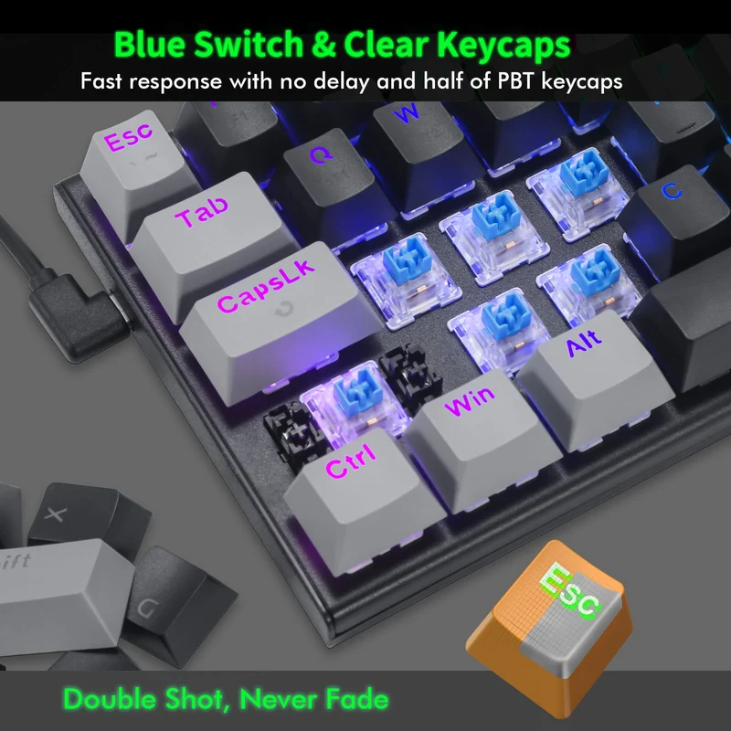 E-Yooso Z-11 Tri-Mode RGB 63 Keys Hot Swappable Mechanical Keyboard Black/Grey (Blue Switch)