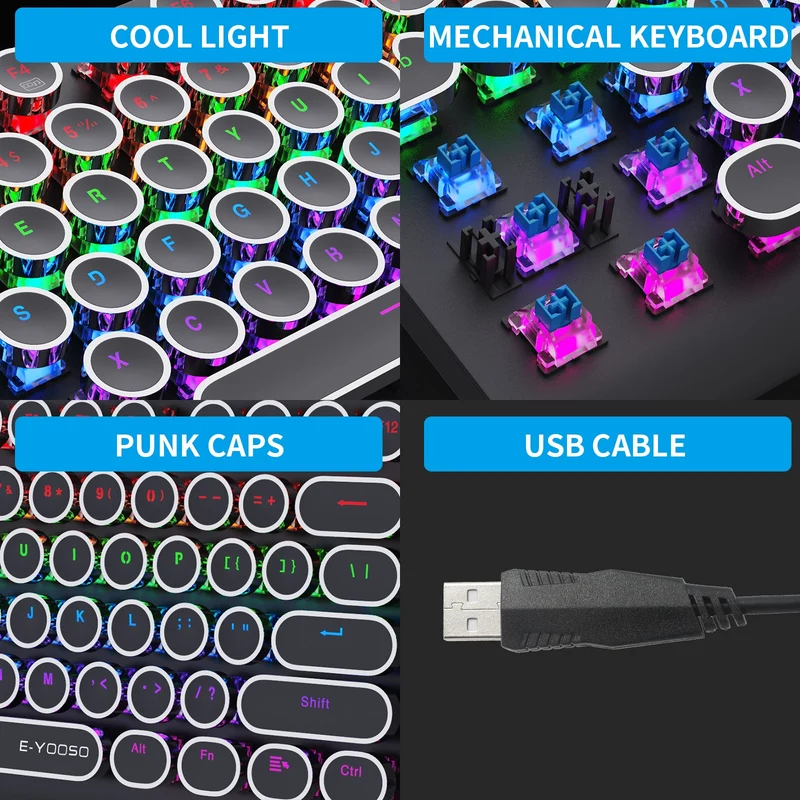 E-Yooso K-600 Retro Rainbow Light 104 Keys Wired Mechanical Keyboard Black (Brown Switch)