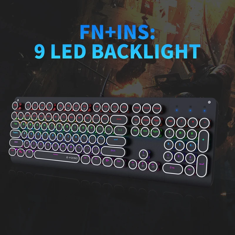 E-Yooso K-600 Retro Rainbow Light 104 Keys Wired Mechanical Keyboard Black (Brown Switch)