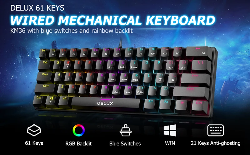 Delux KM36U 61-Keys Wired Mechanical Gaming Keyboard (Clicky Blue Switch)