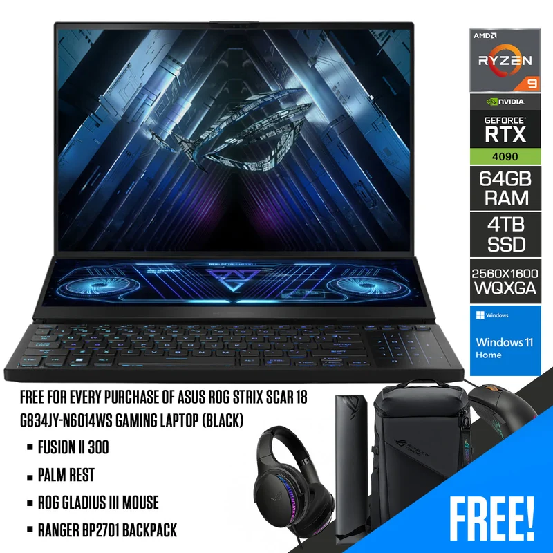 Asus ROG Zephyrus Duo 16 GX650PY-NM044WS Gaming Laptop (Black) | 16" QHD+ (2560x1600 WQXGA) | Ryzen 9 7945HX | 64GB RAM | 4TB SSD | RTX 4090 | Windows 11 Home | Fusion II 300 Palm Rest | ROG Gladius III Mouse | Ranger BP2701 Backpack