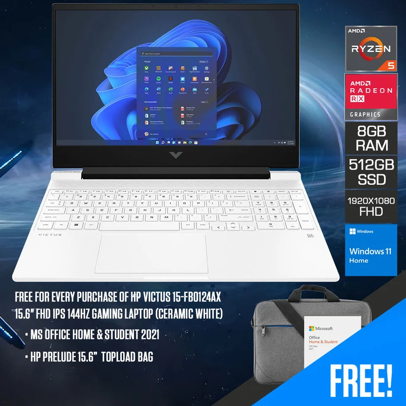 HP Victus 15-FB0124AX Gaming Laptop (Ceramic White) | 15.6" diagonal, FHD (1920 x 1080) | Ryzen™ 5 5600H | 8GB RAM | 512GB SSD | Radeon™ RX 6500M | Windows 11 Home | MS Office Home & Student 2021 | HP Prelude 15.6” Topload Bag