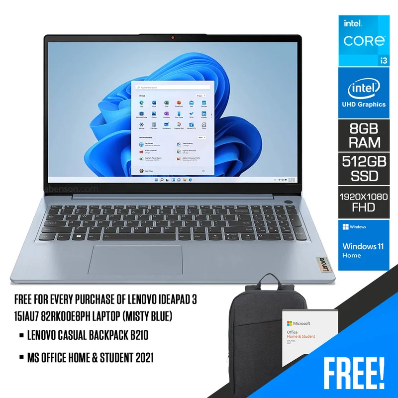 Lenovo Ideapad 3 15IAU7 82RK00E8PH Laptop (Misty Blue) | 15.6" FHD (1920x1080) | i3-1215U | 8GB RAM | 512GB SSD | Intel UHD Graphics | Windows® 11 Home | MS Office Home & Student 2021 | Lenovo Casual Backpack B210
