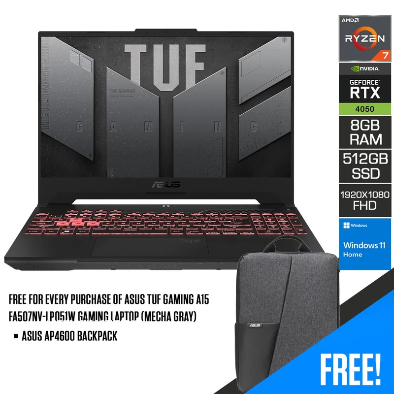 Asus TUF Gaming A15 FA507NU-LP066W Gaming Laptop (Mecha Gray) | 15.6” FHD | Ryzen 7 7735HS | 8GB DDR5 | 512GB SSD | RTX 4050 | Windows 11 Home | Asus AP4600 Backpack