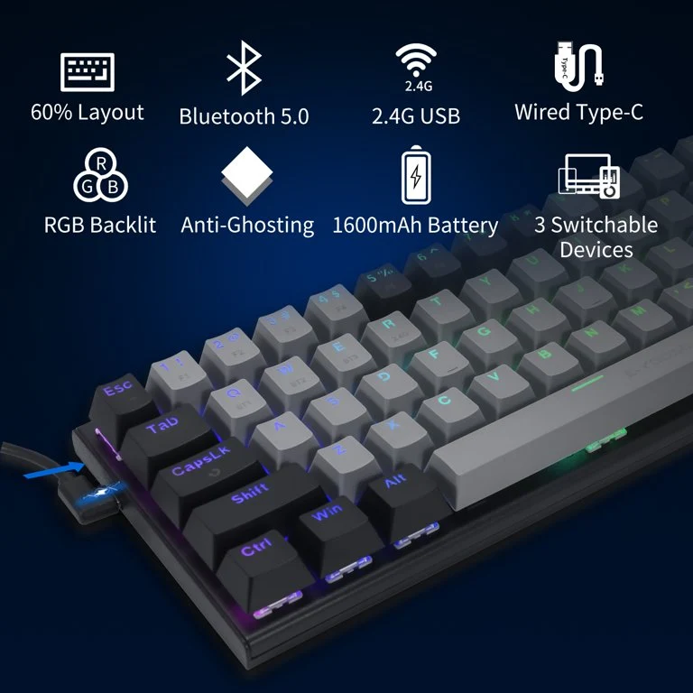 E-Yooso Z-11 Tri-Mode RGB 63 Keys Hot Swappable Mechanical Keyboard Grey/Black (Red Switch)