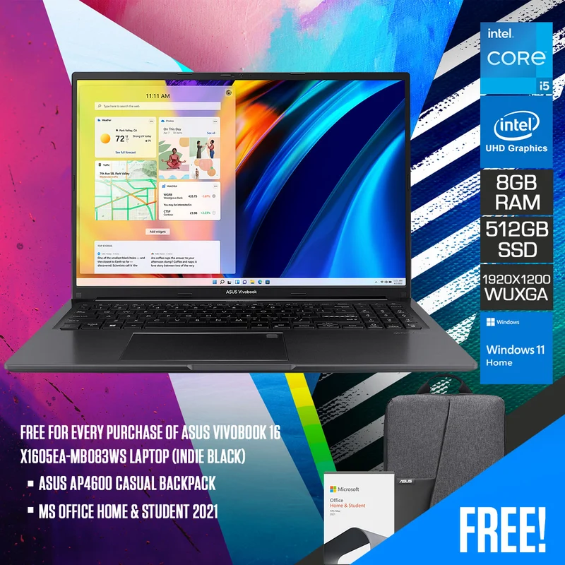 Asus Vivobook 16 X1605EA-MB083WS Laptop (Indie Black) | 16" WUXGA (1920 x 1200) | Intel Core i5-1135G7 | 8GB RAM | 512GB SSD | Intel UHD Graphics | Windows 11 Home | MS Office Home & Student 2021 | Asus AP4600 Casual Backpack