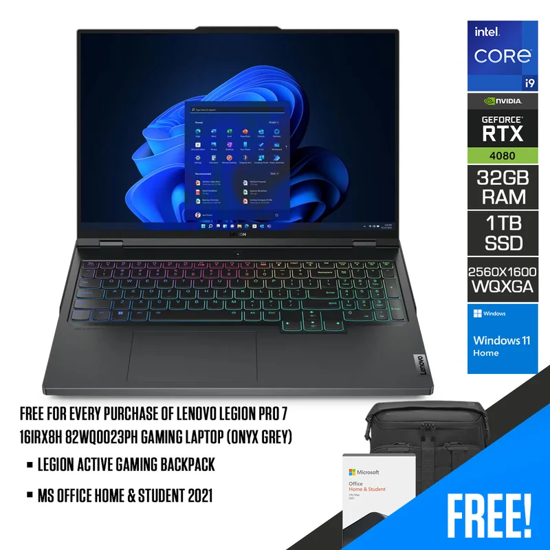 Lenovo Legion Pro 7 16IRX8H 82WQ0023PH Gaming Laptop (Onyx Grey) | 16" WQXGA (2560x1600) IPS | i9-13900HX | 32GB RAM | 1TB SSD | RTX 4080 | Windows 11 Home + MS Office H & S 2021 + Legion Active Gaming Backpack + Arkdesk Series Manual Cranking Desk