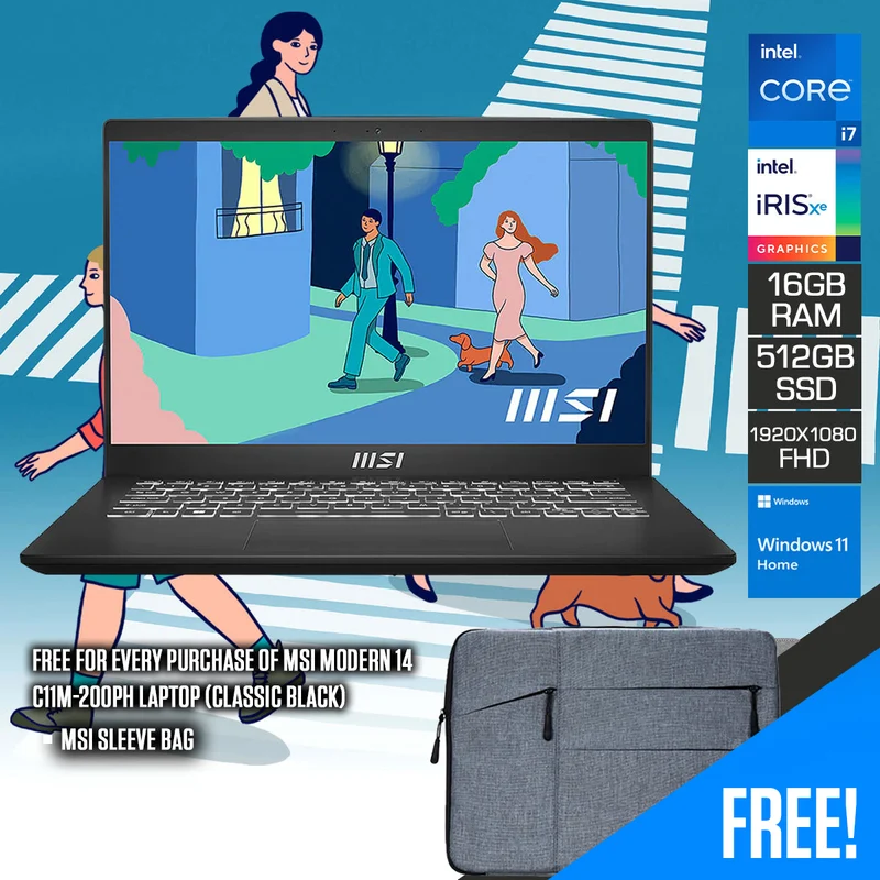 MSI Modern 14 C11M-200PH Laptop (Classic Black) | 14" FHD (1920*1080) | i7 1195G7 | 16GB RAM | 512GB SSD | Iris Xe Graphics | Windows 11 Home | MSI Sleeve Bag
