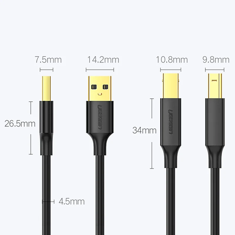 UGreen USB 2.0 AM To BM Print Cable - 1m (Black) (US135/20846)