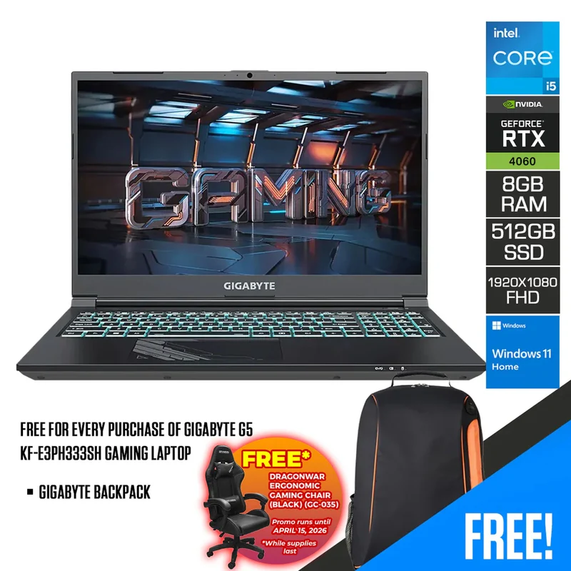 Gigabyte G5 KF-E3PH333SH Gaming Laptop | 15.6” FHD (1920 x 1080) | i5-12500H | 8GB RAM | 512GB SSD | RTX 4060 | Windows 11 Home | Gigabyte Backpack