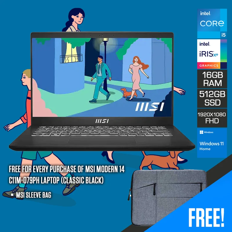 MSI Modern 14 C11M-079PH Laptop (Classic Black) | 14" FHD (1920*1080) | i5-1155G7 | 16GB RAM | 512GB SSD | Iris Xe Graphics | Windows 11 Home | MSI Sleeve Bag