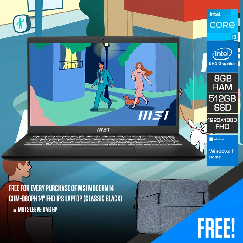 MSI Modern 14 C11M-080PH 14" FHD IPS Laptop (Classic Black) | 14" FHD (1920*1080) | i3-1115G4 | 8GB RAM | 512GB SSD | Intel UHD Graphics | Windows 11 | MSI Sleeve Bag