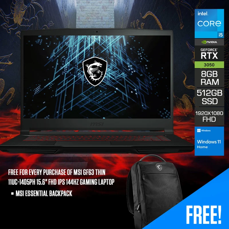 MSI GF63 THIN 11UC-1405PH Gaming Laptop | 15.6" FHD (1920x1080) | i5-11400H | 8GB RAM | 512GB SSD | RTX 3050 | Windows 11 Home | MSI Essential Backpack