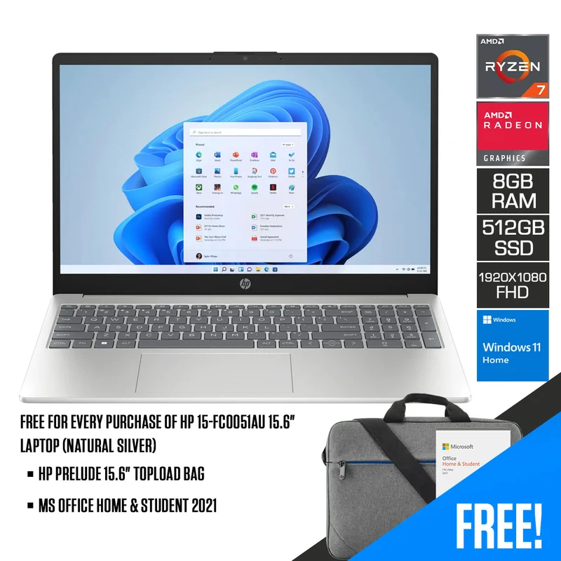 HP 15-FC0051AU 15.6" Laptop (Natural Silver) | FHD (1920x1080) | Ryzen 7 7730U | 8GB RAM | 512 GB SSD | AMD Radeon Graphics | MS Office Home & Student 2021 | HP Prelude 15.6" Topload Bag