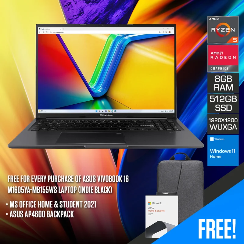 Asus Vivobook 16 M1605YA-MB155WS Laptop (Indie Black) | 16” WUXGA (1920 x 1200) | Ryzen™ 5 7530U | 8GB DDR4 | 512GB RAM | AMD Radeon™ Graphics | Windows 11 Home | MS Office Home & Student 2021 | Asus AP4600 Backpack