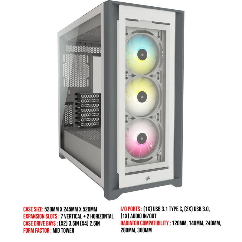 Corsair iCUE 5000X RGB Tempered Glass Mid-Tower ATX PC Smart Case (White)