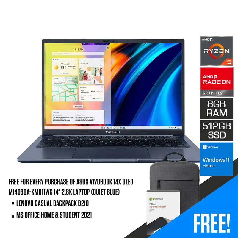 Asus Vivobook 14X OLED M1403QA-KM011WS Laptop (Quiet Blue) | 14" 2880 x 1800 | Ryzen 5 5600H | 8 GB RAM DDR4 | 512 GB SSD | AMD Radeon Vega 7 | Windows 11 Home | MS Office Home & Student 2021 | Asus BP1504 Casual Backpack