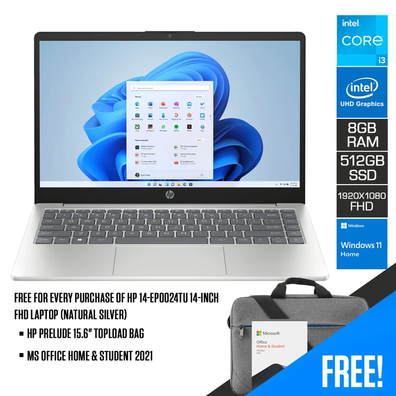HP 14-EP0024TU Laptop (Natural Silver) | 14” FHD (1920 x 1080) | Intel Core i3 N305 | 8GB DDR4 | 512GB SSD | Intel UHD Graphics | Windows 11 Home | MS Office Home & Student 2021 | HP Prelude 15.6" Topload Bag