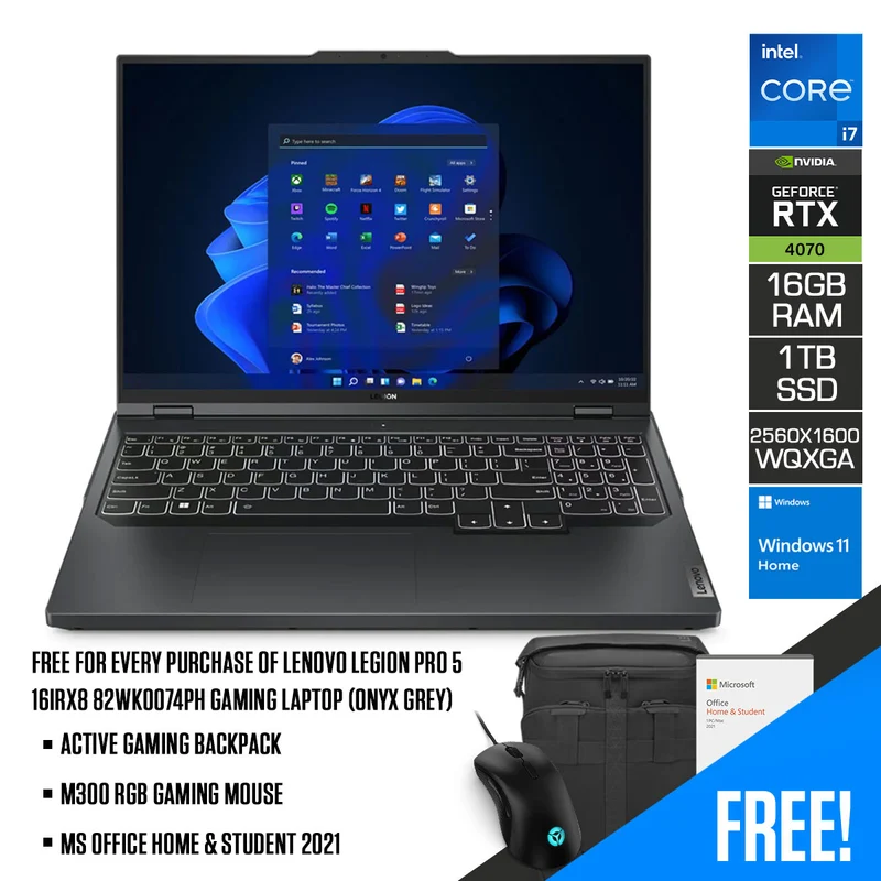 Lenovo Legion Pro 5 16IRX8 82WK0074PH Gaming Laptop (Onyx Grey) | 16" WQXGA 240Hz (2560x1600) | Intel® Core™ i7-13700HX | 16GB RAM | 1TB SSD | RTX™ 4070 | Windows 11 Home | MS Office Home & Student 2021 | M300 RGB Gaming Mouse | Active Gaming Backpack