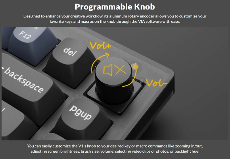 Keychron V1 QMK Barebone Knob Version RGB Backlight Hot-Swappable Wired Mechanical Keyboard - Carbon Black (V1Z2)